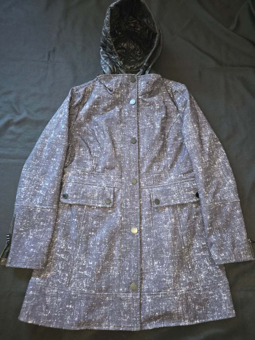 Guess Women's Hooded Puffer Layer Jacket Speckled Gray Black Size M
